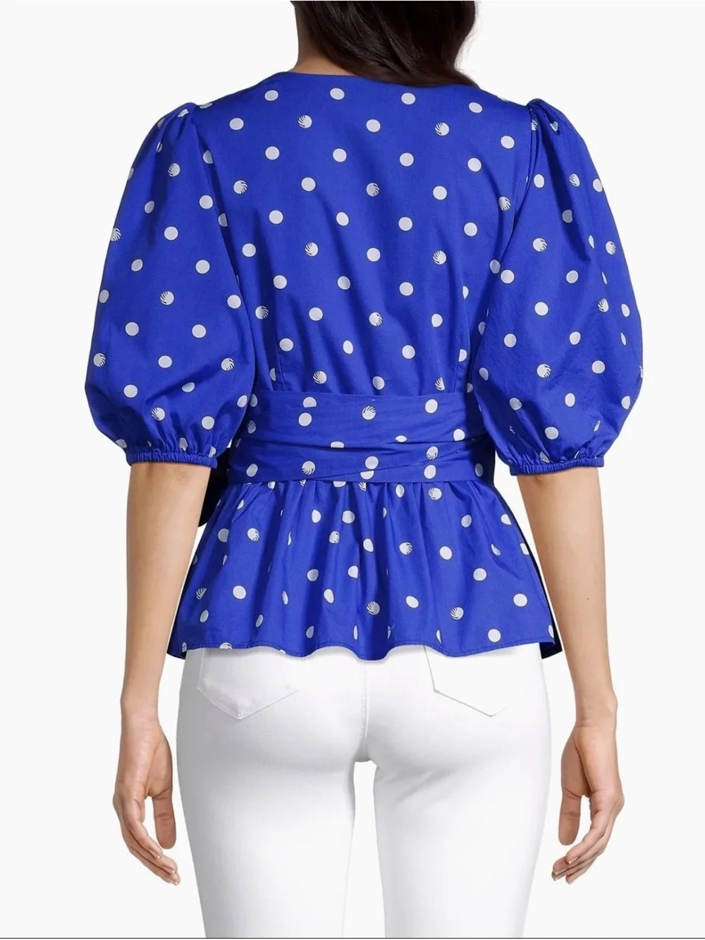 Lilly Pulitzer Royal Blue and White Polka Dot Tie-Waist Puff Sleeve Blouse